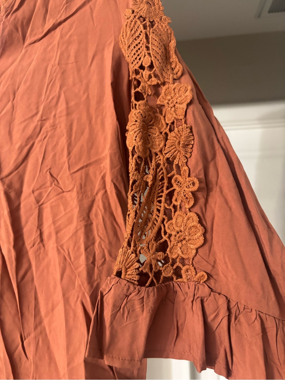 RusttyDustty Women's V-Neck Crochet Sleeve Blouse - Rust Orange - Picture 3 of 5